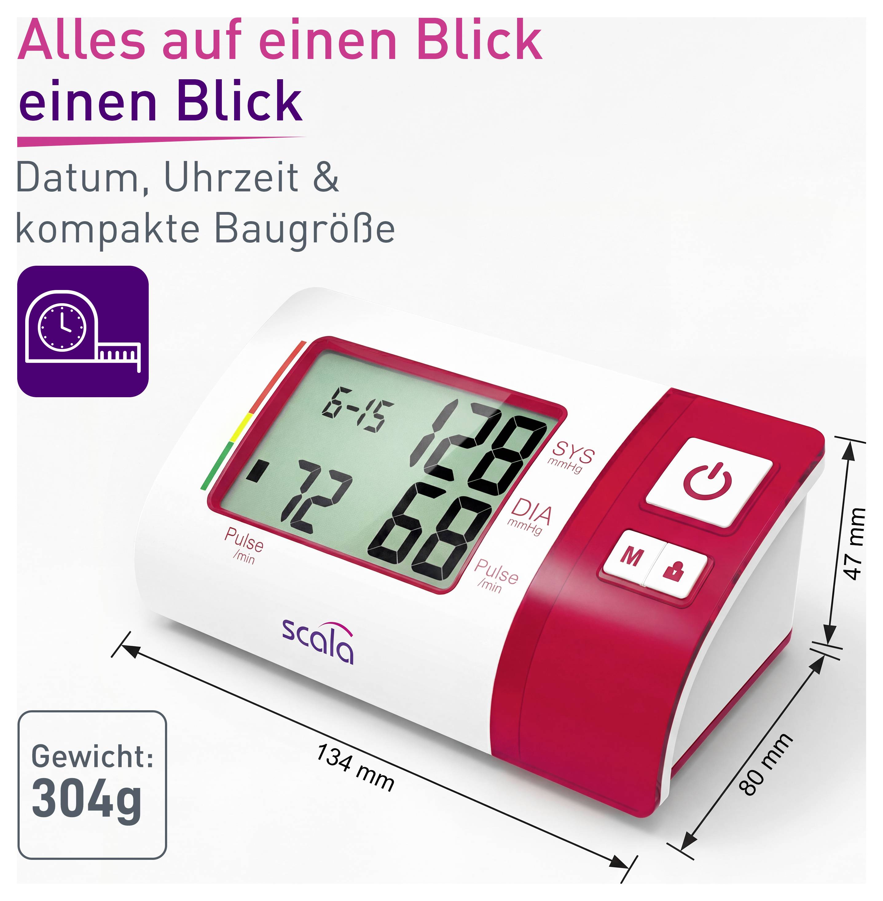 Digital blood pressure monitor with large display shows systolic and diastolic blood pressure as well as pulse. Size: 134x47 mm. Weight: 304g.