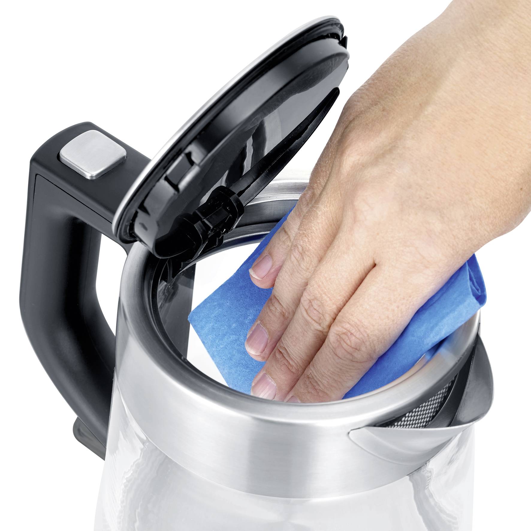 A hand is wiping the inside of an open kettle clean with a blue cloth.