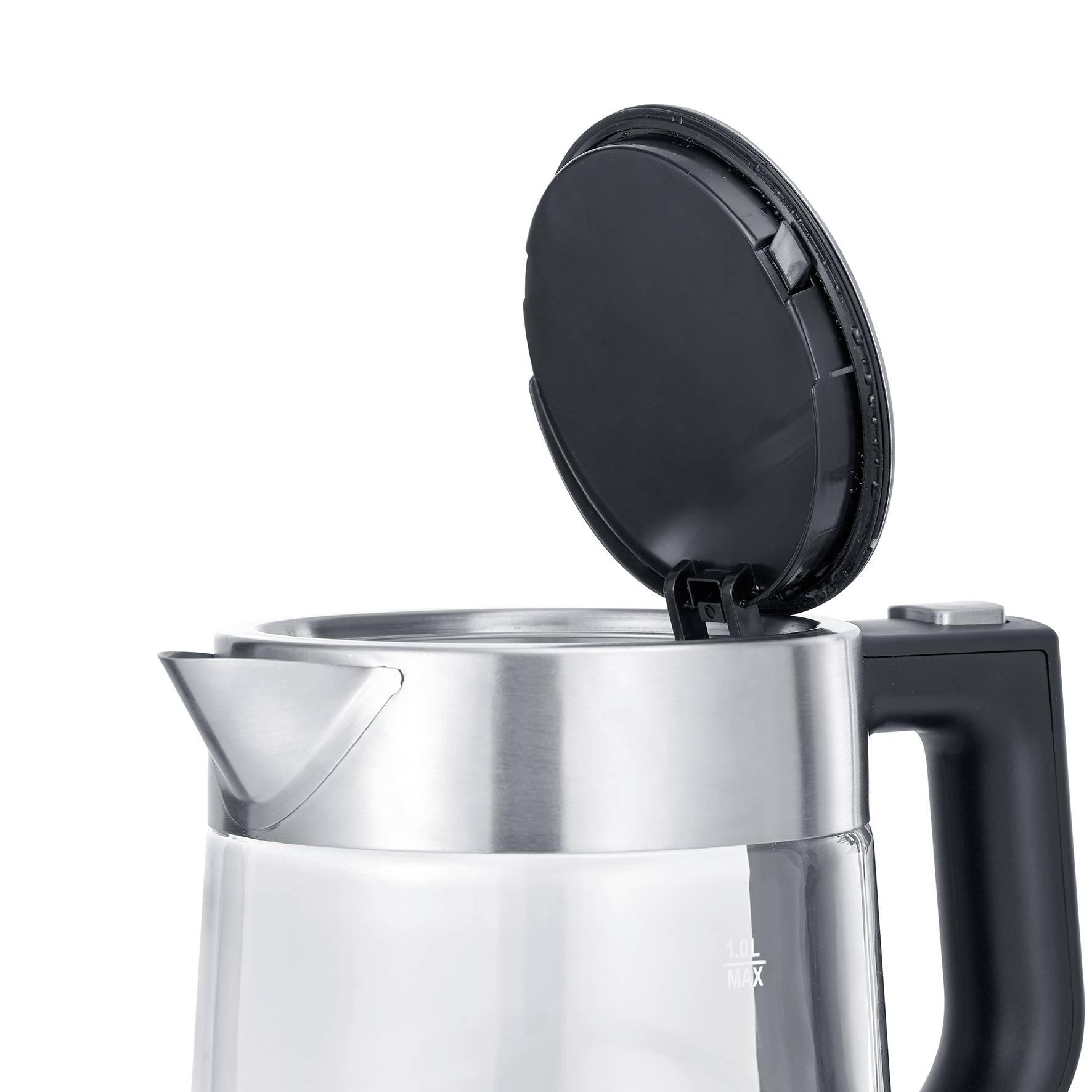 A transparent kettle made of glass and stainless steel, with an open lid and visible water level indicator on the side.