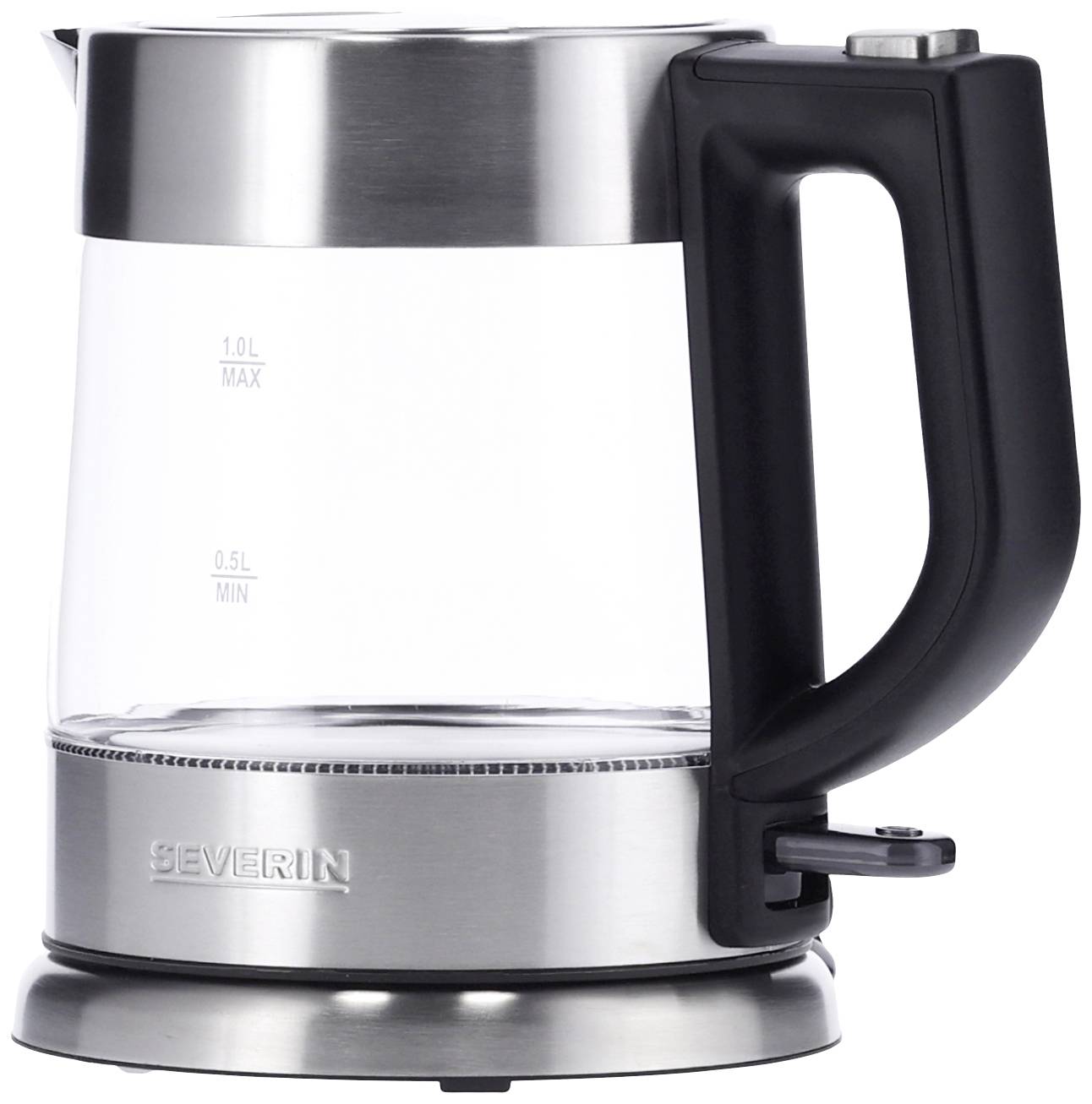 A glass electric kettle with stainless steel and plastic elements, displaying markings for 0.5 L and 1.0 L water levels.