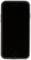 A smartphone with a black screen, surrounded by a dark protective case.