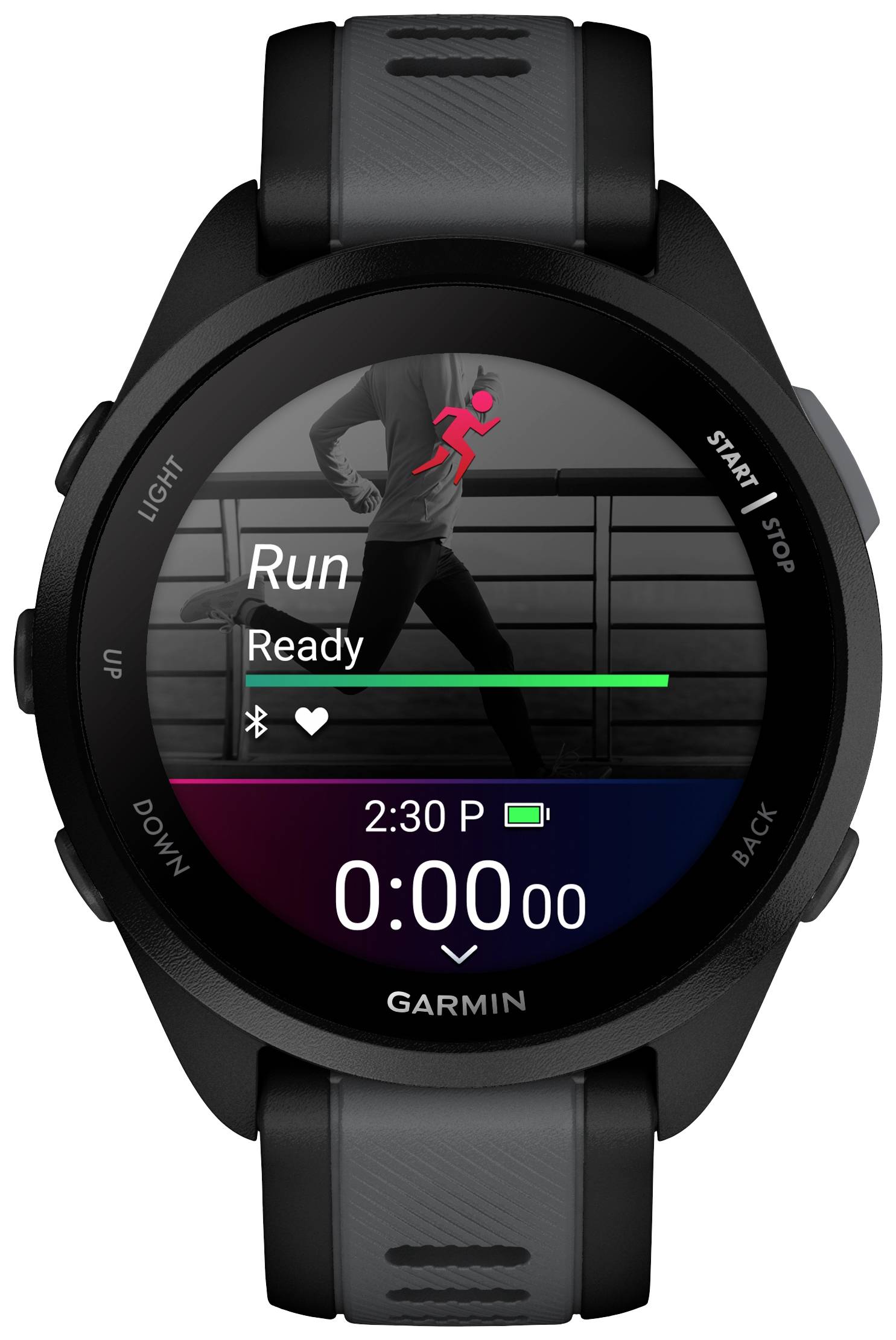 Smartwatch displays running mode: 'Run Ready' with heart symbol. Display shows 2:30 PM, 0:00:00 running time. Black and grey casing.