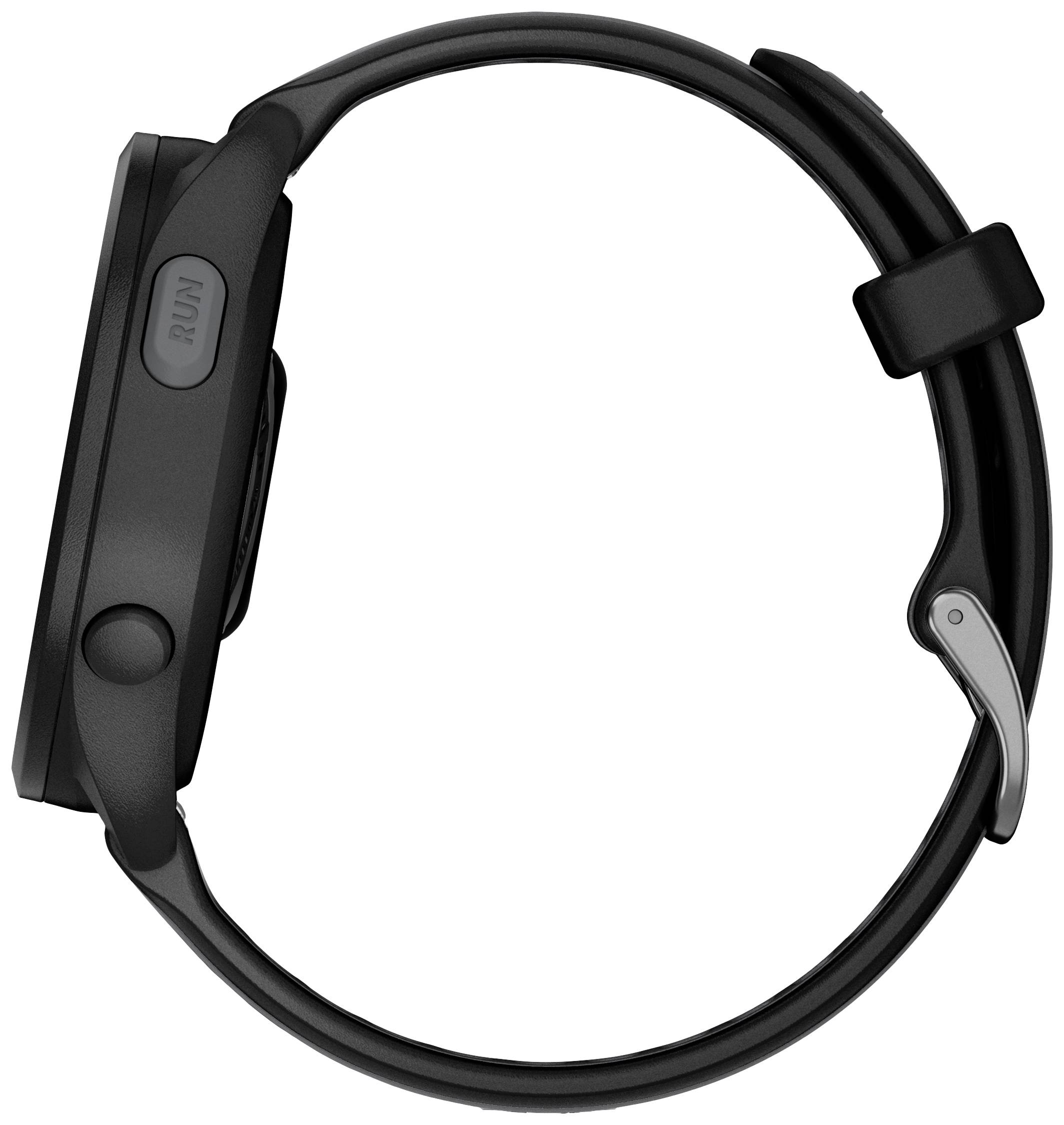 A black smartwatch in side profile with a round case and a simple strap.