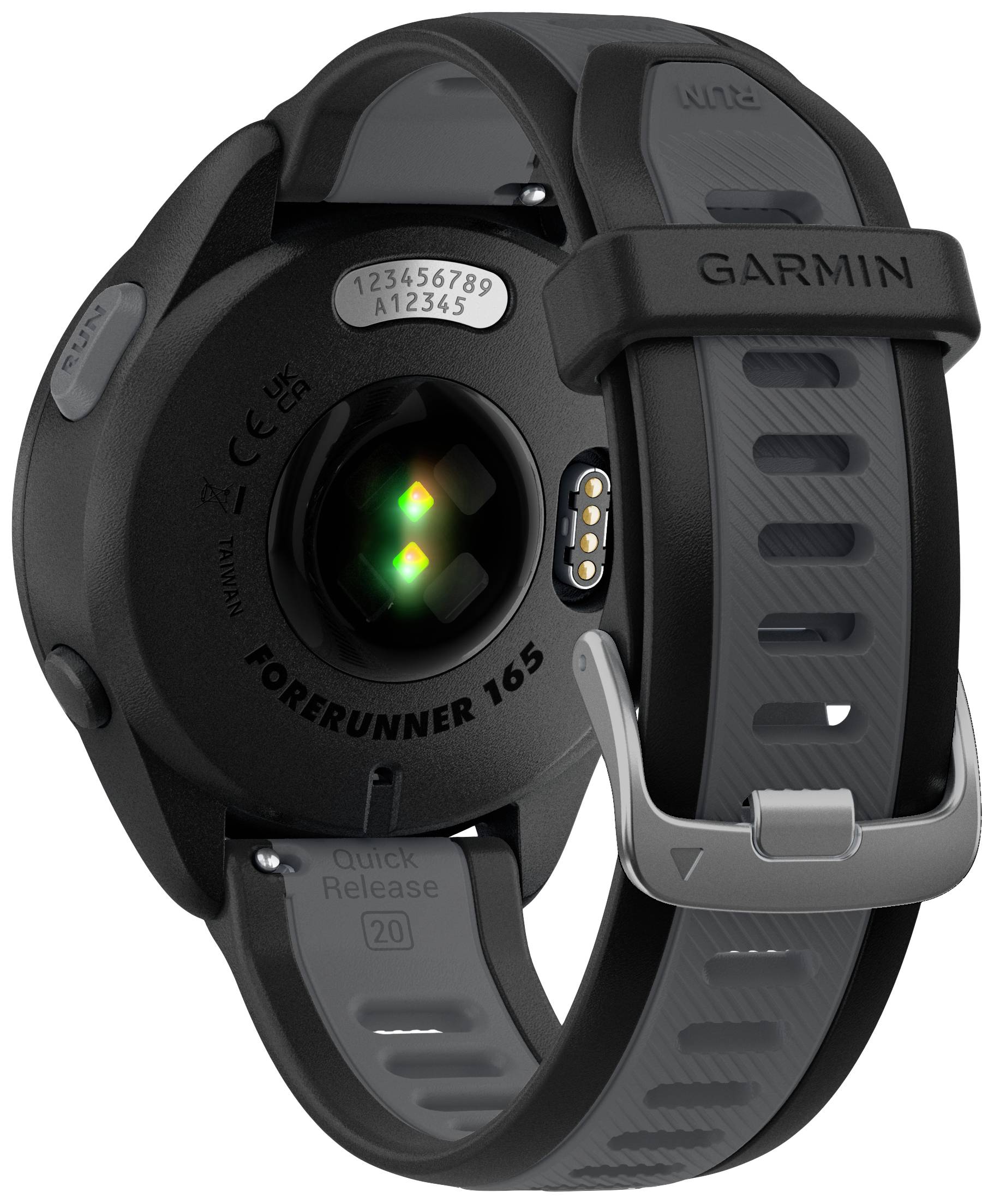 Back of a black Garmin Forerunner 16S smartwatch with heart rate sensor and silicone strap.