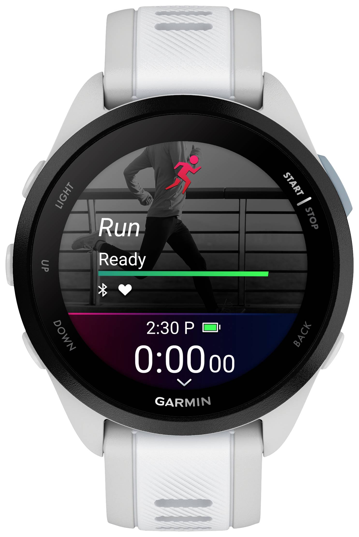 Running watch displays 'Run Ready'. Ready to start running. Battery indicator and time tracking visible on the screen.