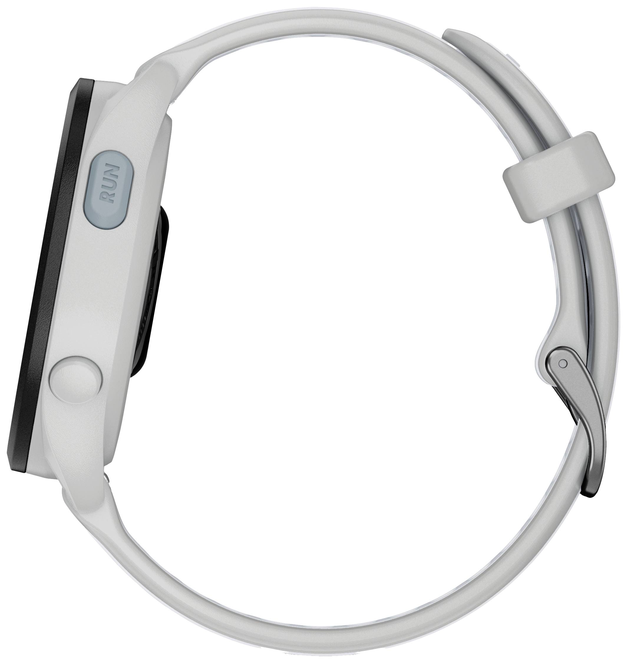 White sports watch from the side, showing a button labelled 'RUN', modern design.