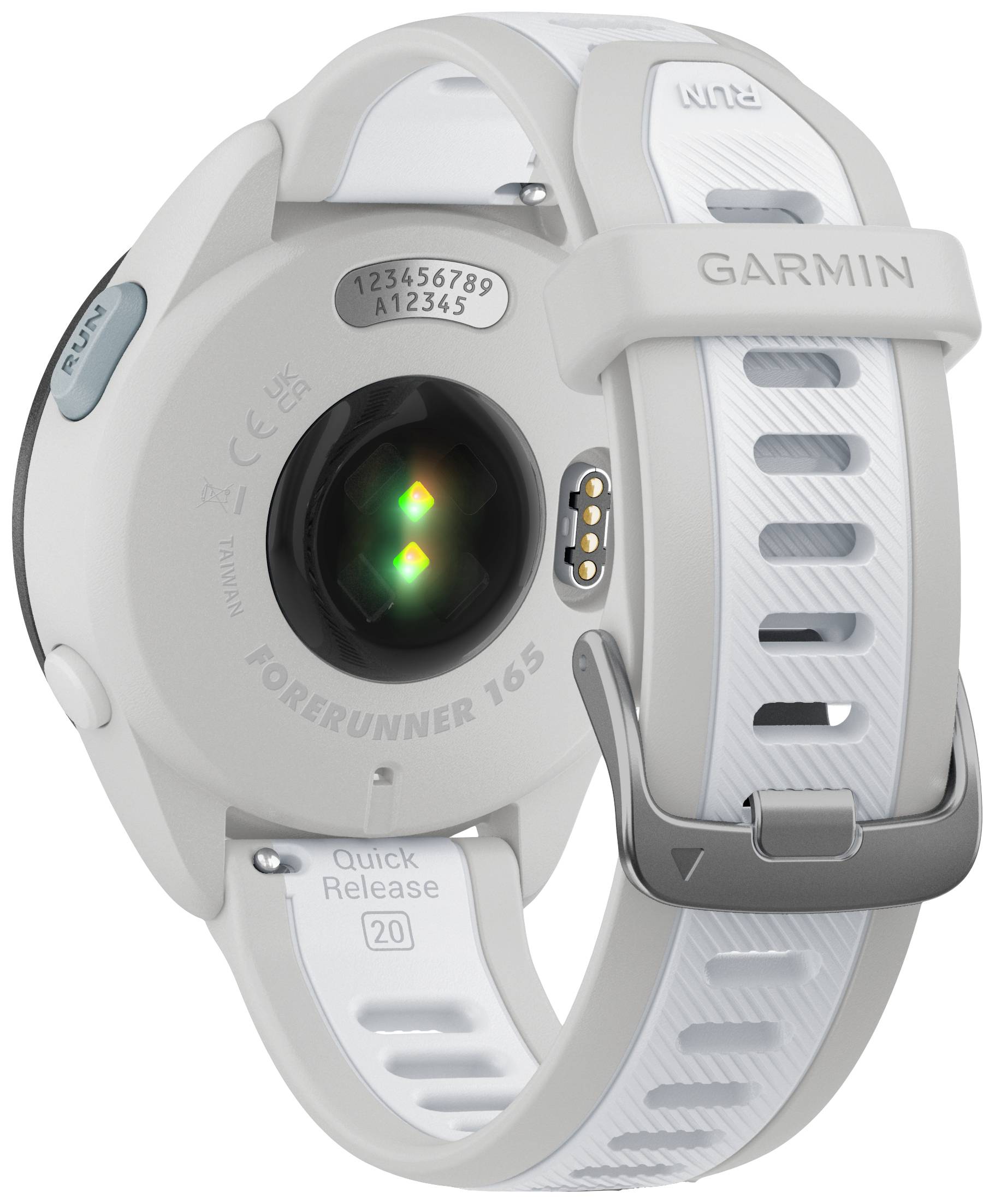 Back of a white sports watch with sensors and the inscription 'GARMIN', model 'Forerunner 165'.