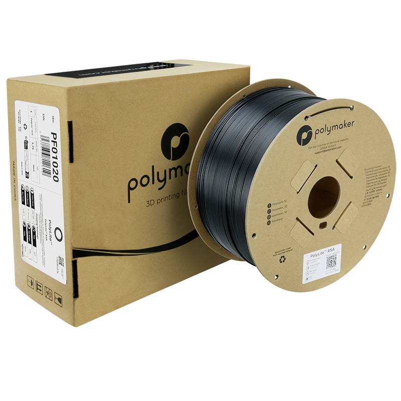A black spool of 3D printing filament by Polymaker next to a brown packaging with the inscription 'PF01020' and Polymaker logo.