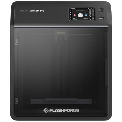 3D Printer Flashforge Adventurer 5M Pro. Black enclosure, display on top right shows print status. Door with transparent window at the front.