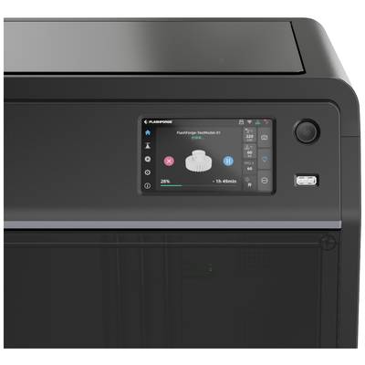 3D printer with small screen. The screen displays the printing progress of a gear with a remaining time of 1 hour 49 minutes.