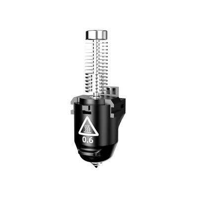 3D printer nozzle with heating and cooling fins, marked with '0.6'.