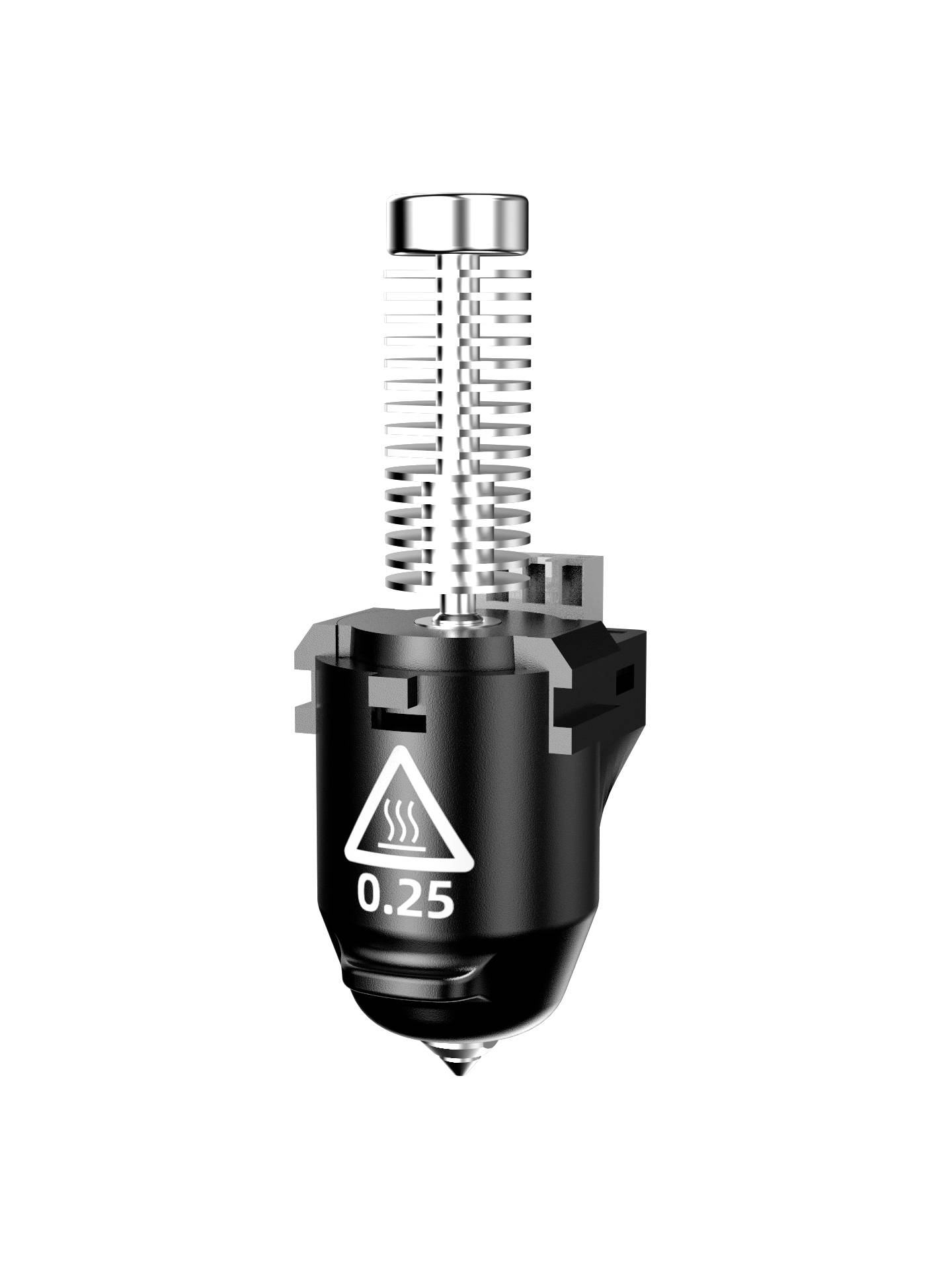 A black 3D printer printhead with a silver feather and heating element, marked with '0.25', symbolises the nozzle aperture in millimetres.