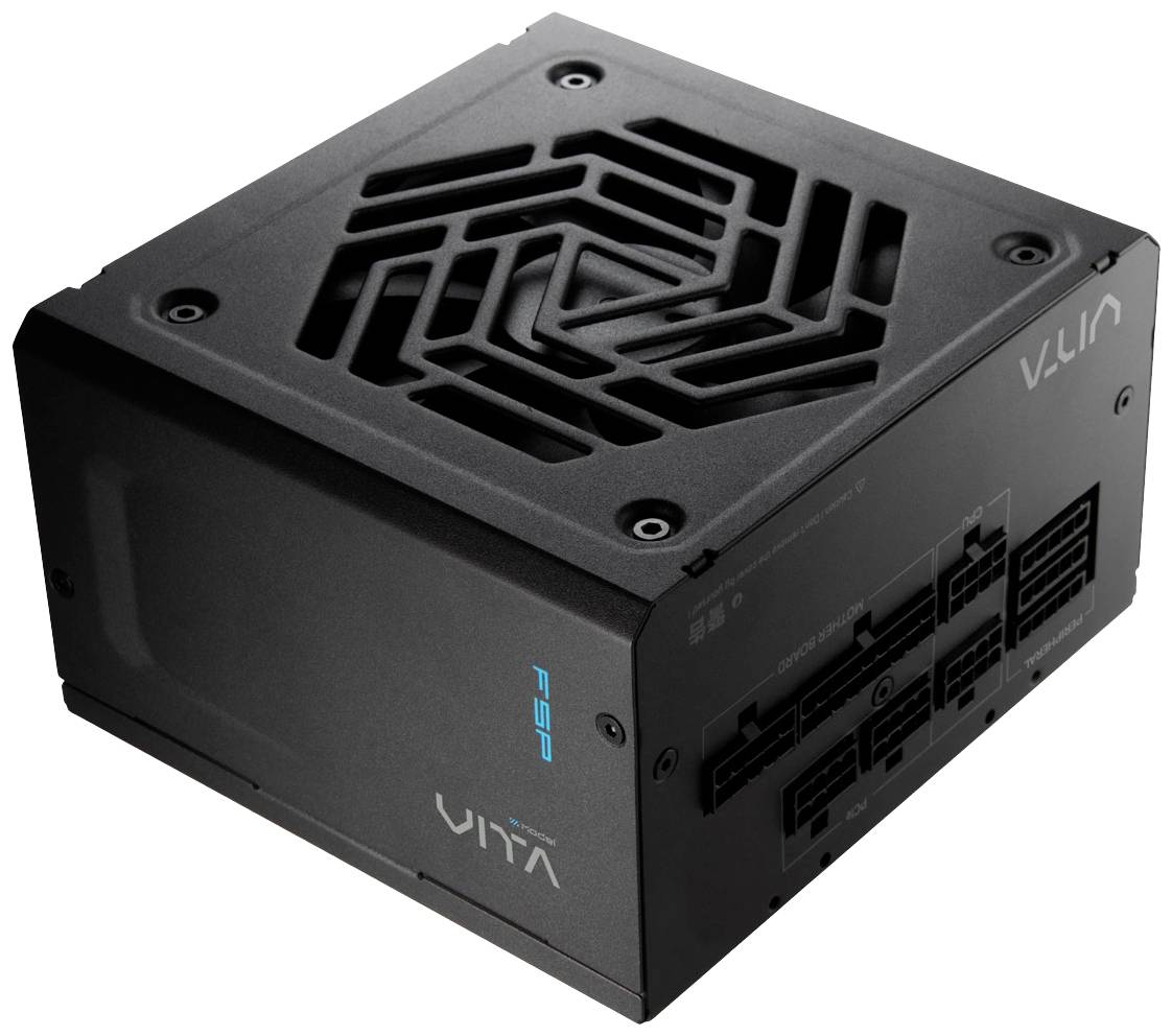 Black computer power supply with modular cable connection and ventilation grille. Markings and logo on the side are visible.