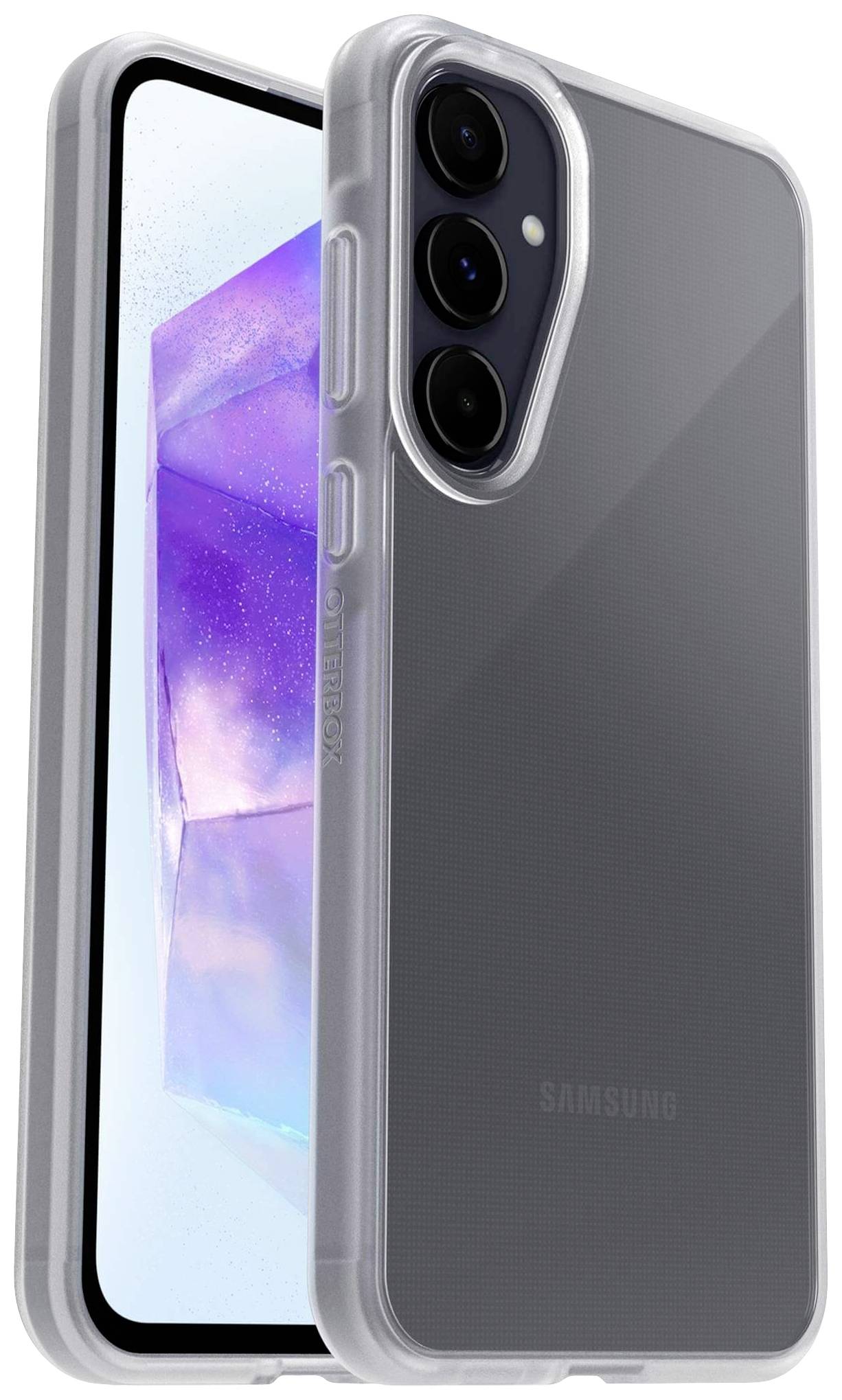 Transparent smartphone case for a Samsung device with a clear back and side camera cut-out.