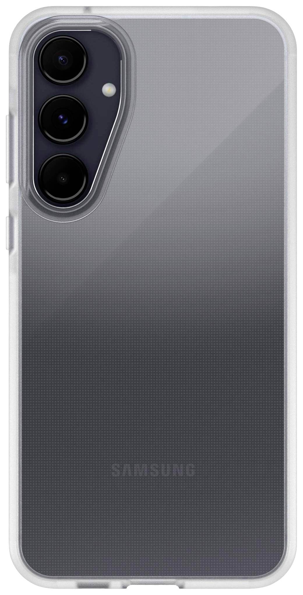 A grey smartphone viewed from the back, showing three cameras arranged vertically. The brand name 'Samsung' is located at the bottom of the rear surface.