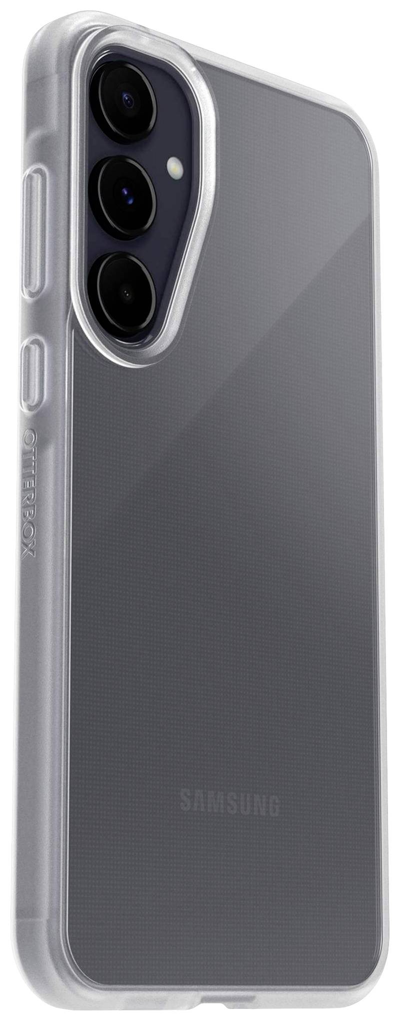 Transparent mobile phone case for a Samsung smartphone with three camera lenses, lying flat and showing the back of the device.