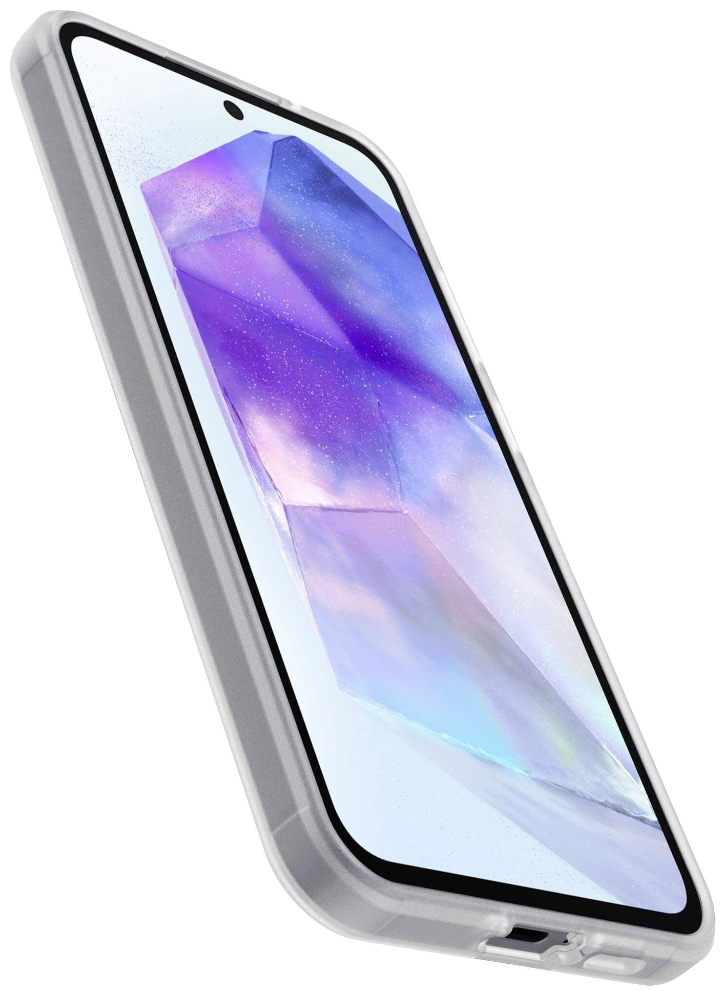 Smartphone with a case, displaying floating geometric shapes on the screen. View from bottom right.