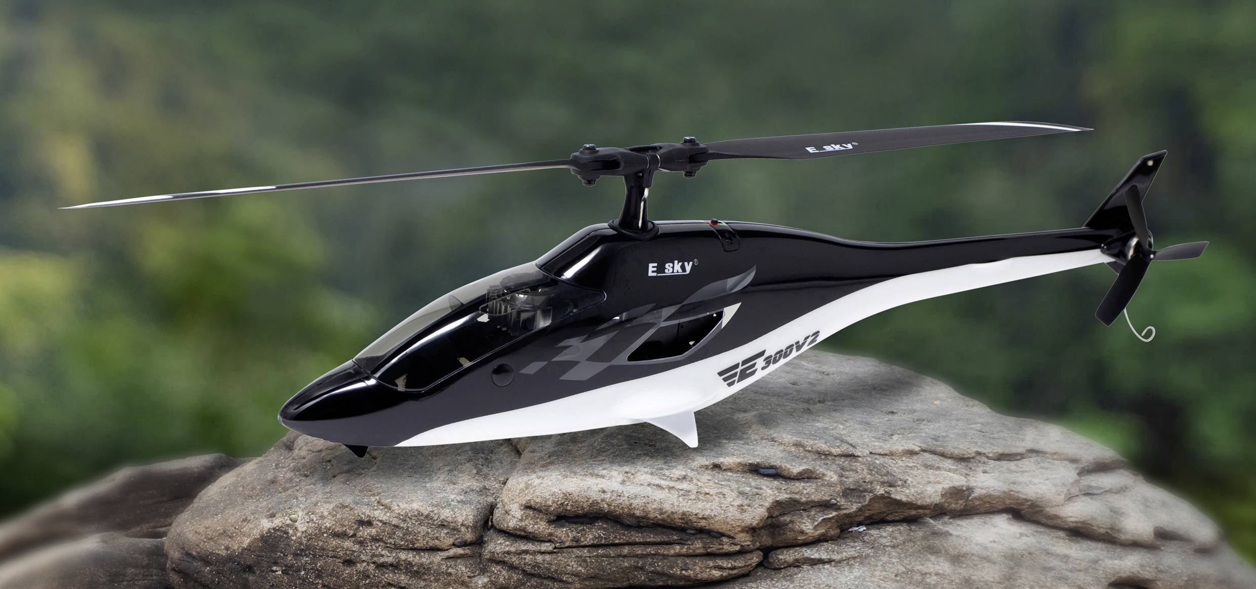 A remote-controlled black and white helicopter stands on a rock with a blurred green background, suggesting nature.