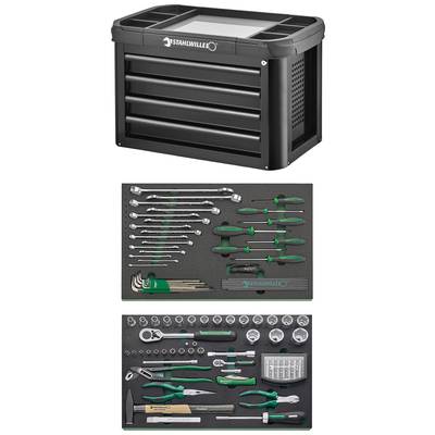 Toolbox with multiple drawers, filled with spanners, pliers, and socket wrench sets, neatly arranged.