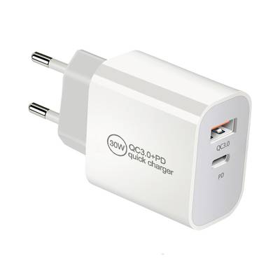 White USB charging adapter with EU plug, two ports (USB-C and USB-A), with the inscription '30W QC3.0+PD quick charger'.