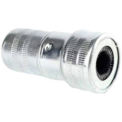 Metallic quick-release valve with grooved handle and internal sealing mechanism, used for compressed air connections.