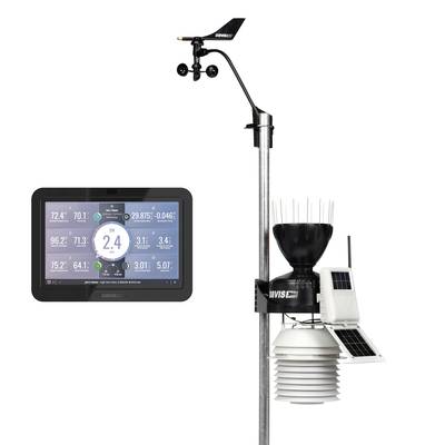 Weather station with solar panel, wind gauge and screen displaying current weather data. Readings: temperature, humidity, wind speed.
