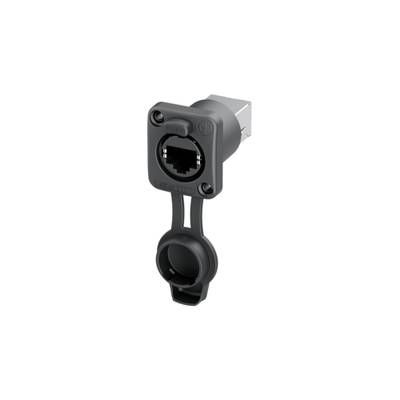 Grey-black RJ45 socket with a round protective cover, mountable on wall or device, facing towards the viewer.