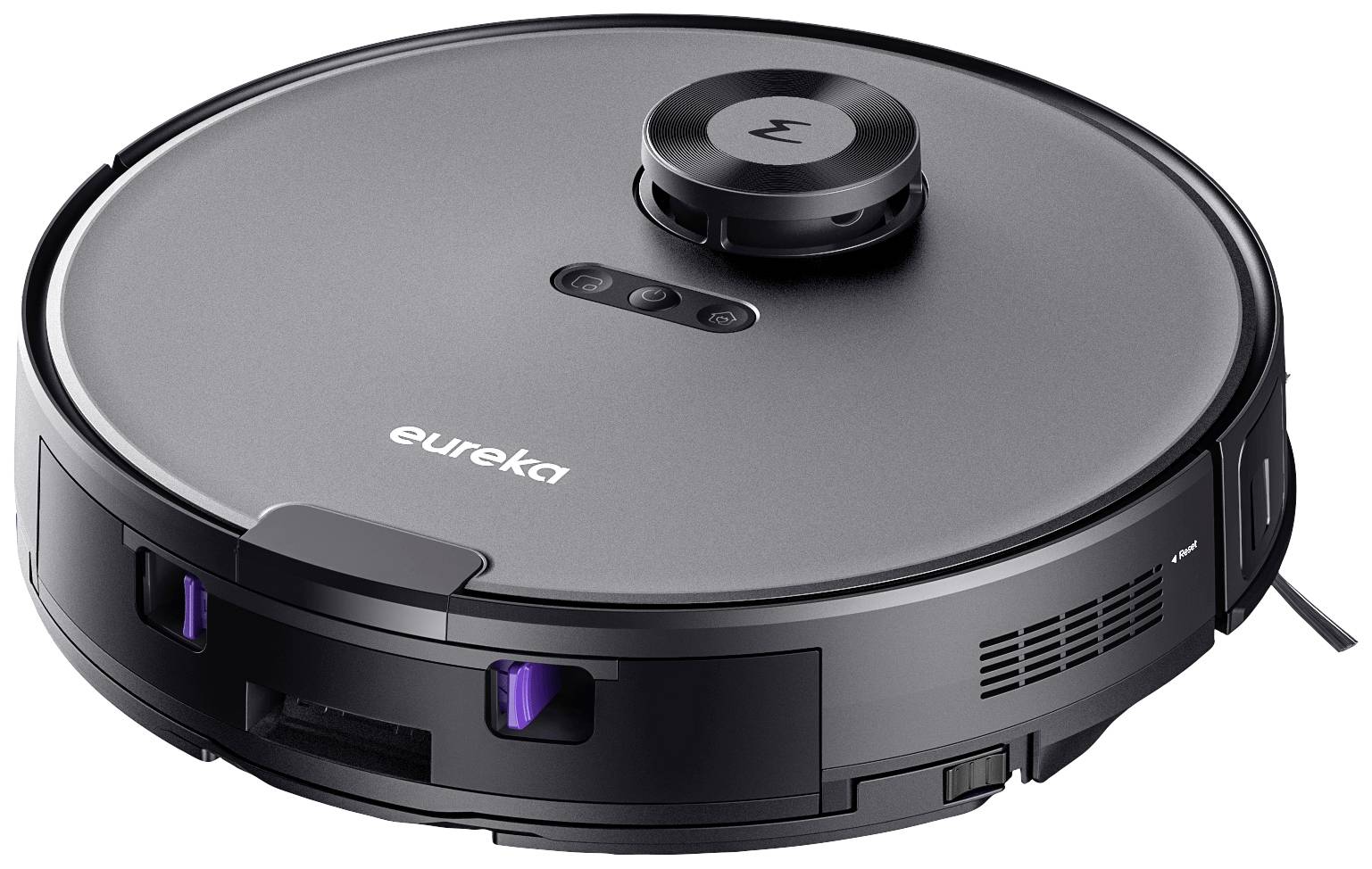 A black, round robotic vacuum cleaner with the inscription 'eureka' on its top surface. The robot has sensors and buttons for operation.