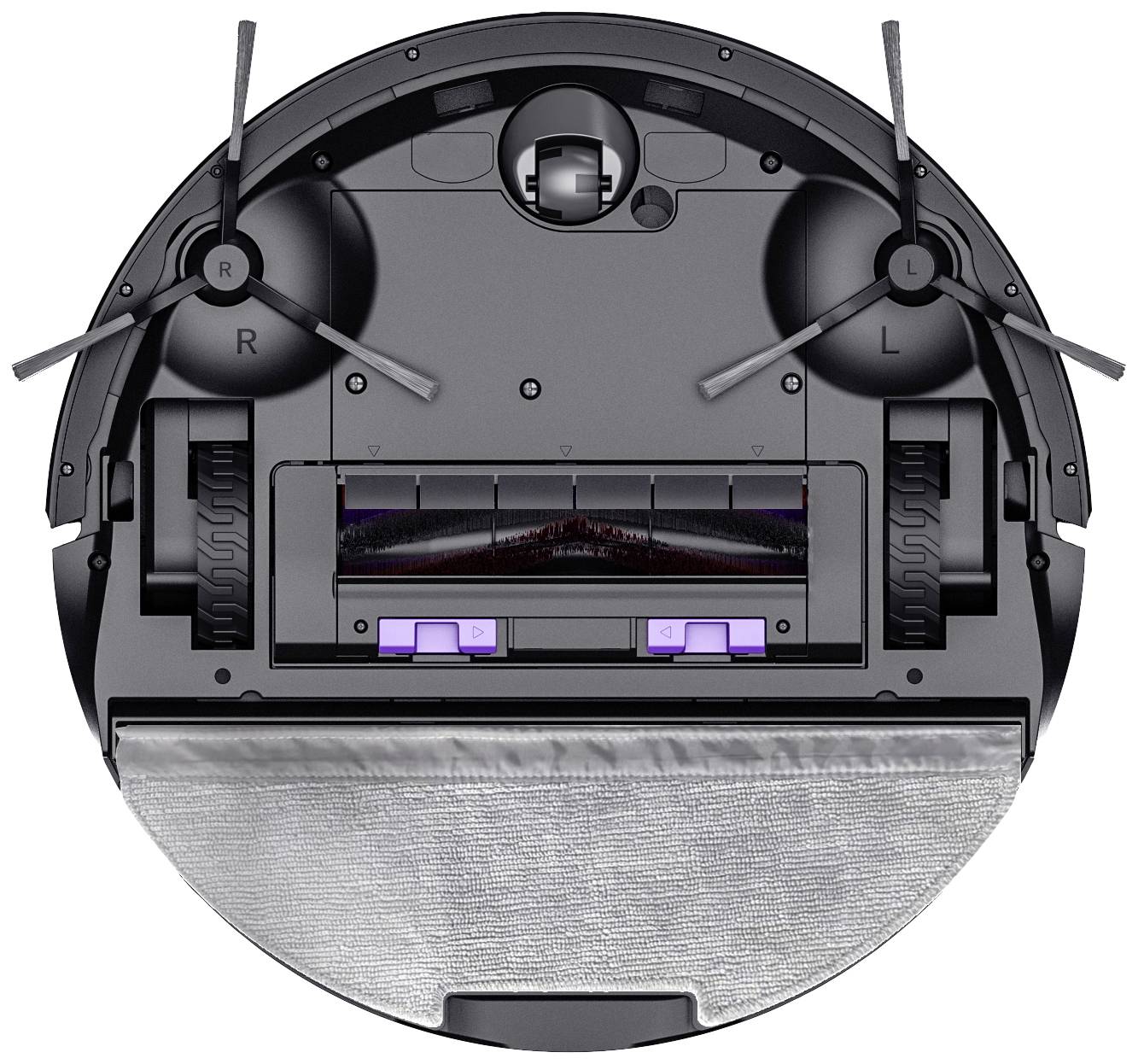 The underside of a round robotic vacuum cleaner with two rotating brushes and a mopping pad underneath. Displays cleaning mechanisms.