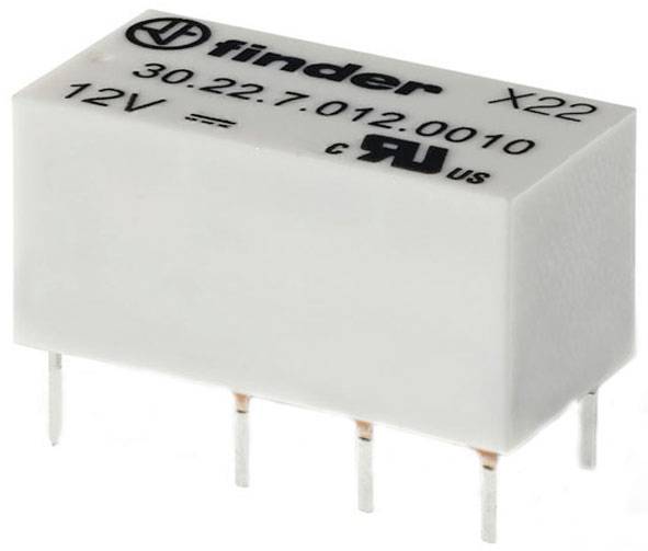 A white, rectangular electronic component with silver pins. Print reads: 'finder X22, 30.22.7.012.0010, 12V'.