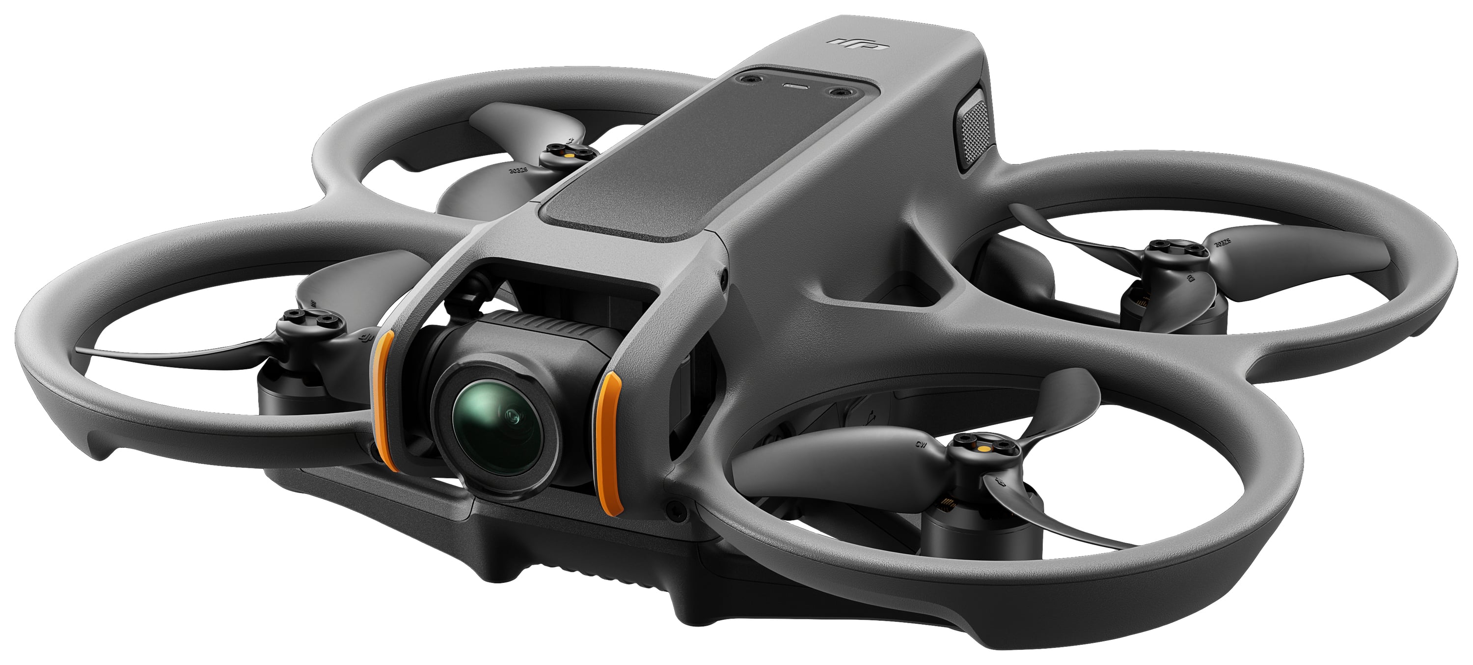 A compact, black drone with four propellers. The camera is positioned at the front and is suitable for aerial photography.