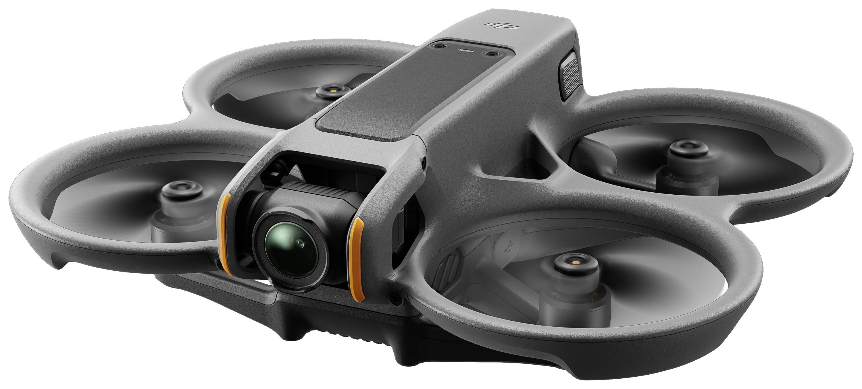 A compact, grey drone with four rotors and a camera on the front, suitable for aerial photography and videography.