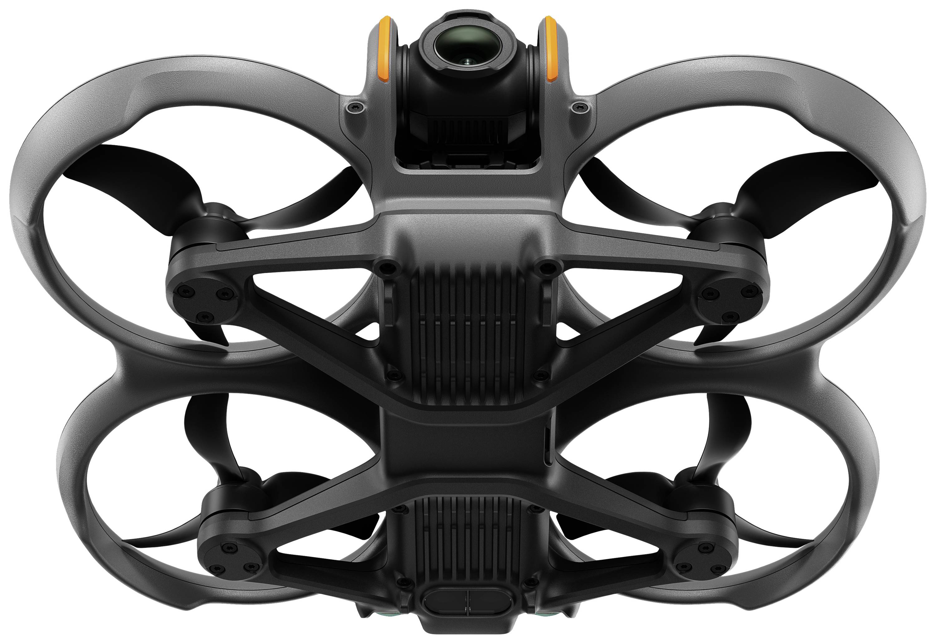 A black drone with four rotors and a camera lens underneath, viewed from below, shows the design and rotor arrangement.