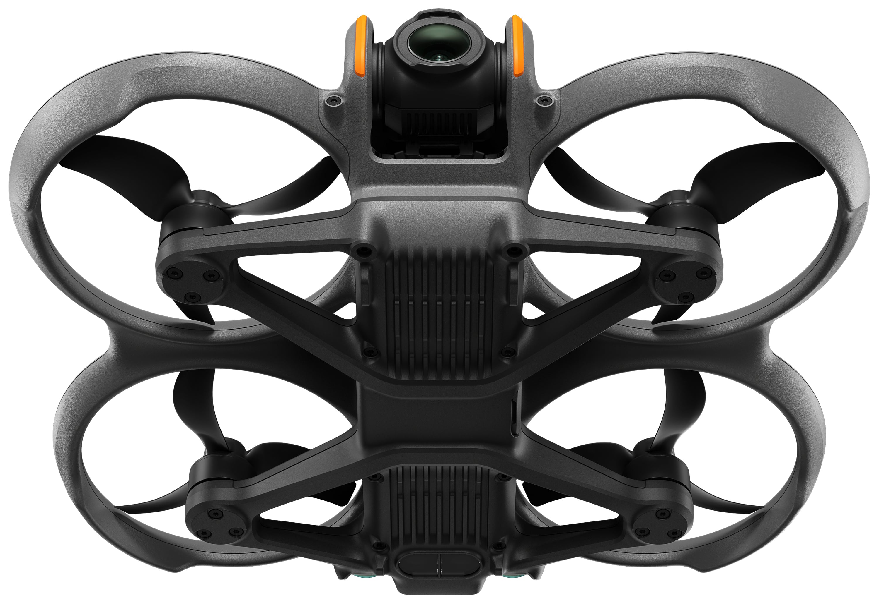 A black drone with four rotors and a camera lens underneath, viewed from below, shows the design and rotor arrangement.