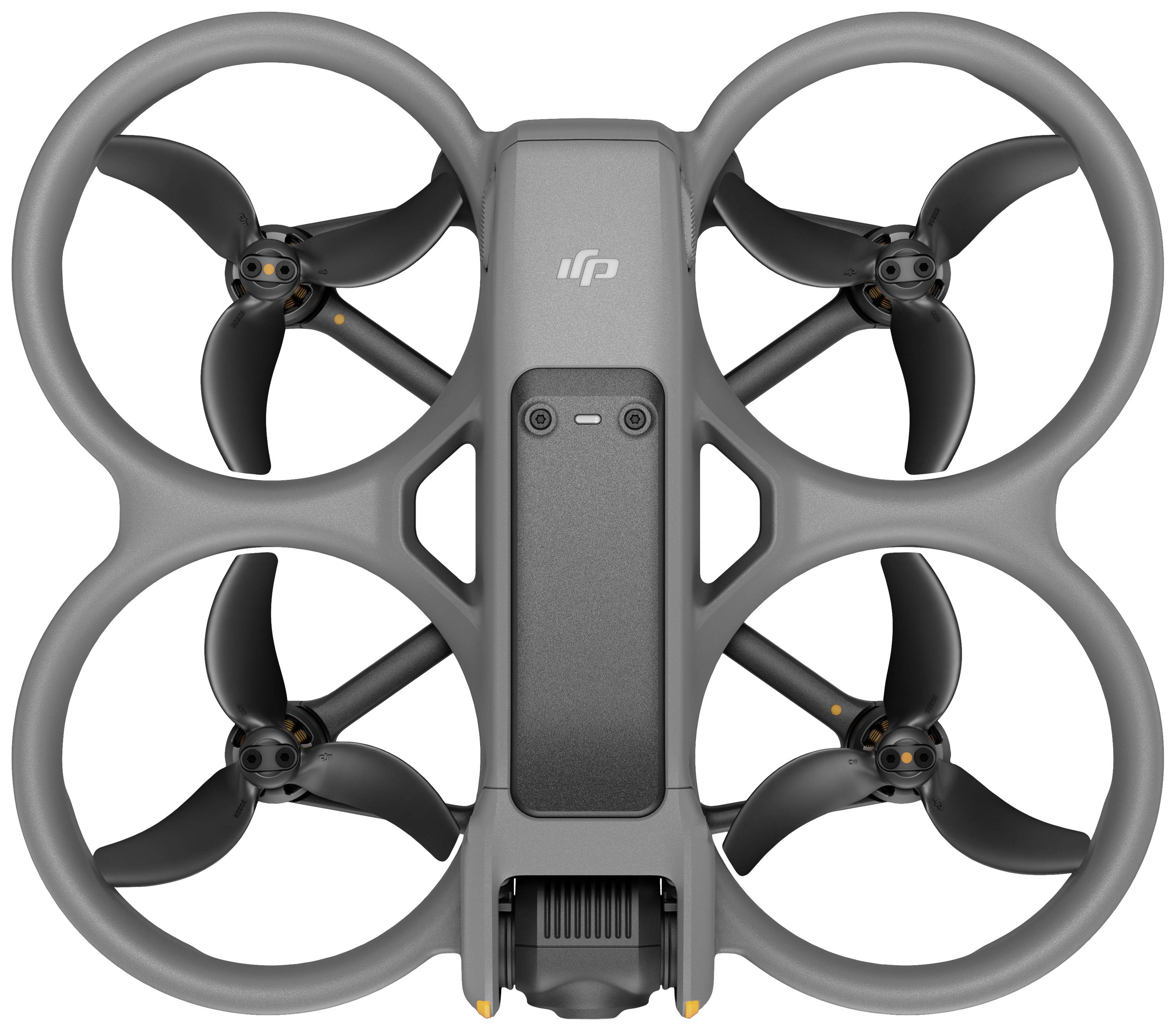 Quadcopter from above view with four circular propellers and grey casing.