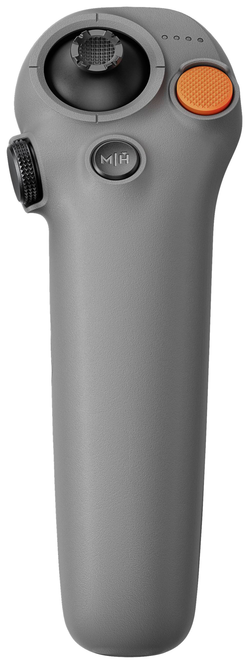 Grey, elongated controller grip with various buttons, including a red button at the top right and a rotary knob on the side.