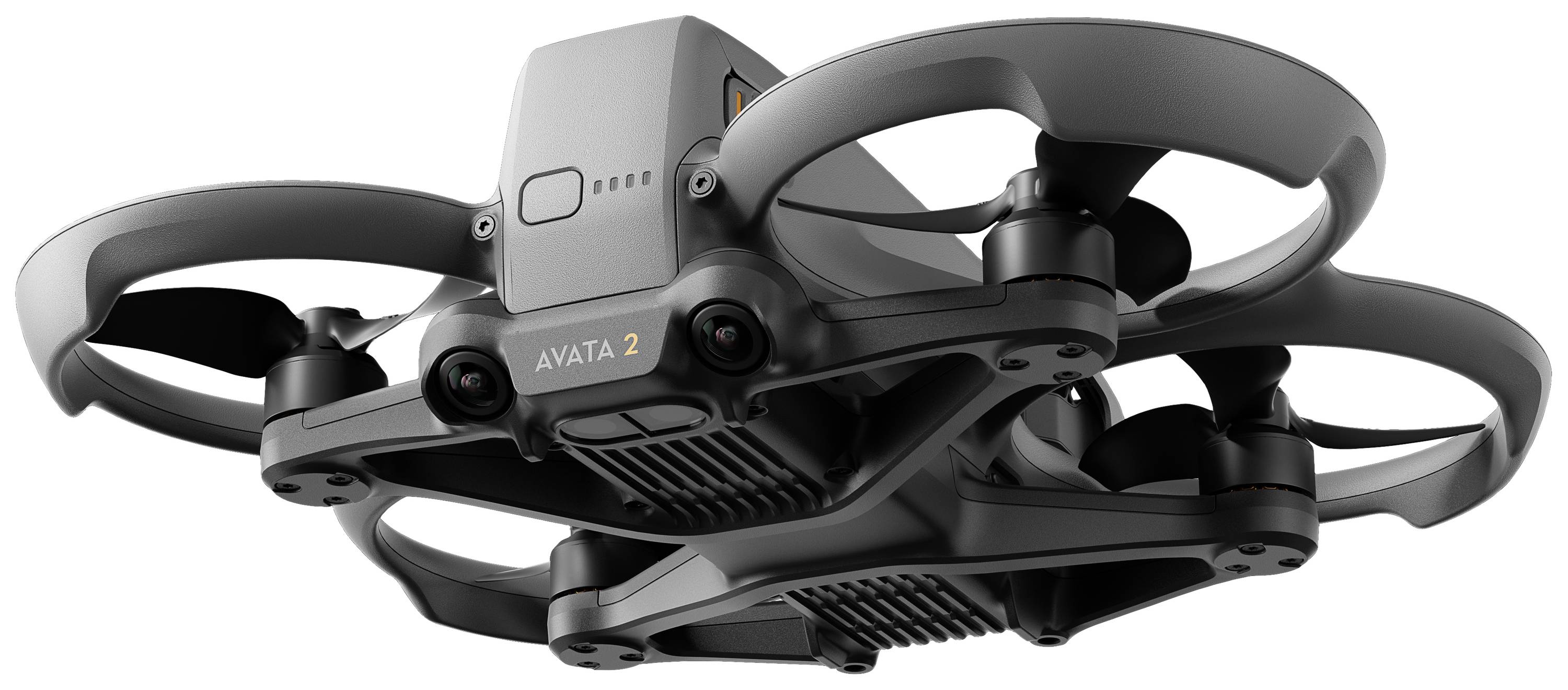 A black drone with propeller guards and a camera at the front, flying in the air.