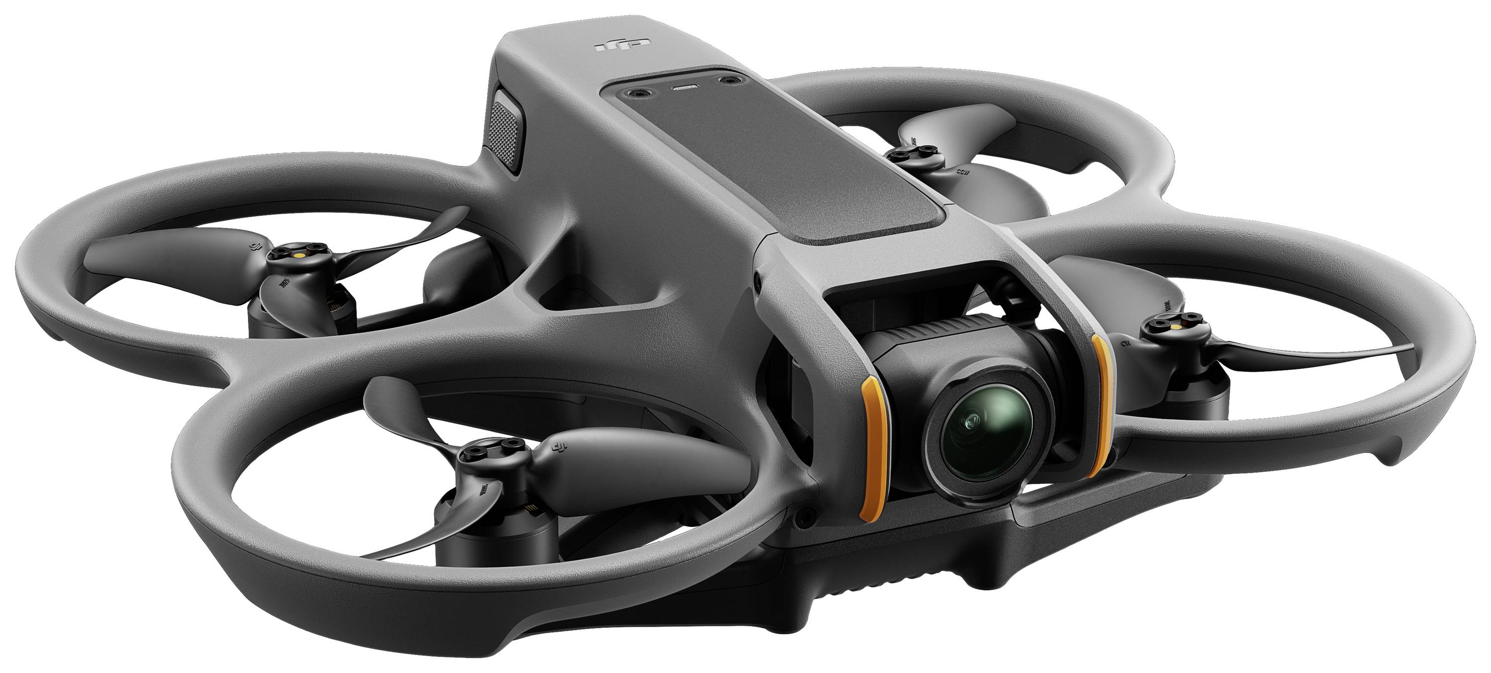A grey drone with four rotors and a camera lens at the front.