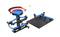 A marble run made of blue and black components with a spiral-shaped funnel from which a marble springs out.