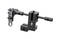 Black, complex-shaped mechanical component with a lever and mounting holes, potentially for technical applications.