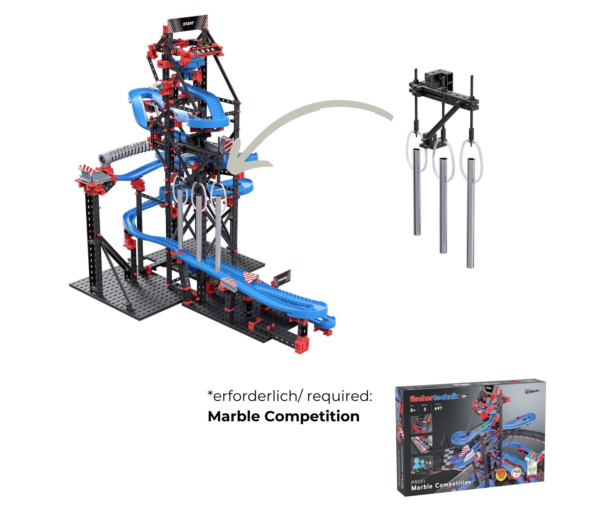 Construction of a complex marble run model with blue and black components. Bottom left, a box with instructions 'Marble Competition'.