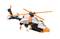 A model helicopter made of black and white building blocks with orange rotor blades and a hook, hovering in the air.