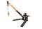 A black and orange plastic toy crane with an adjustable hook and support structure stands upright.