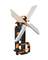 A toy windmill model made of plastic blocks with rotating blades, primarily in black and orange, on a white background.