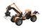 A build-it-yourself vehicle with large wheels and a movable robotic arm in black and orange stands on a white surface.