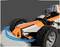 Close-up of a toy car model with black and orange design, showing a steering wheel and visible wheels.
