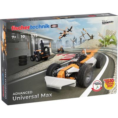 Construction kit packaging with model racing car and accessories. Suitable for children aged 7 and above, with 375 parts for 10 models.