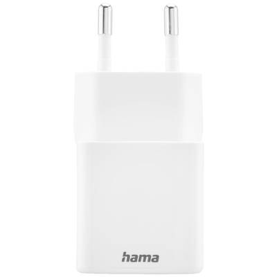 White USB charger with two sockets on top and the 'hama' brand logo underneath. Ideal for charging mobile devices.