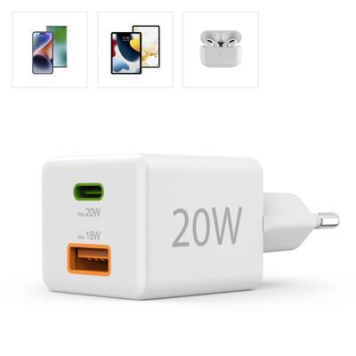 20W Charger with Two Ports: USB-C (20W) and USB-A (18W). Suitable for Smartphones and Wireless Earbuds.