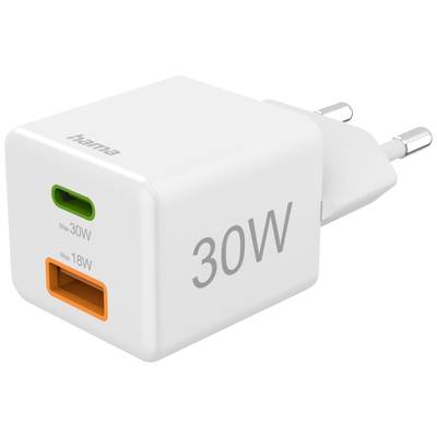 White Hama charger with two ports: USB-C (30W) and USB-A (18W).